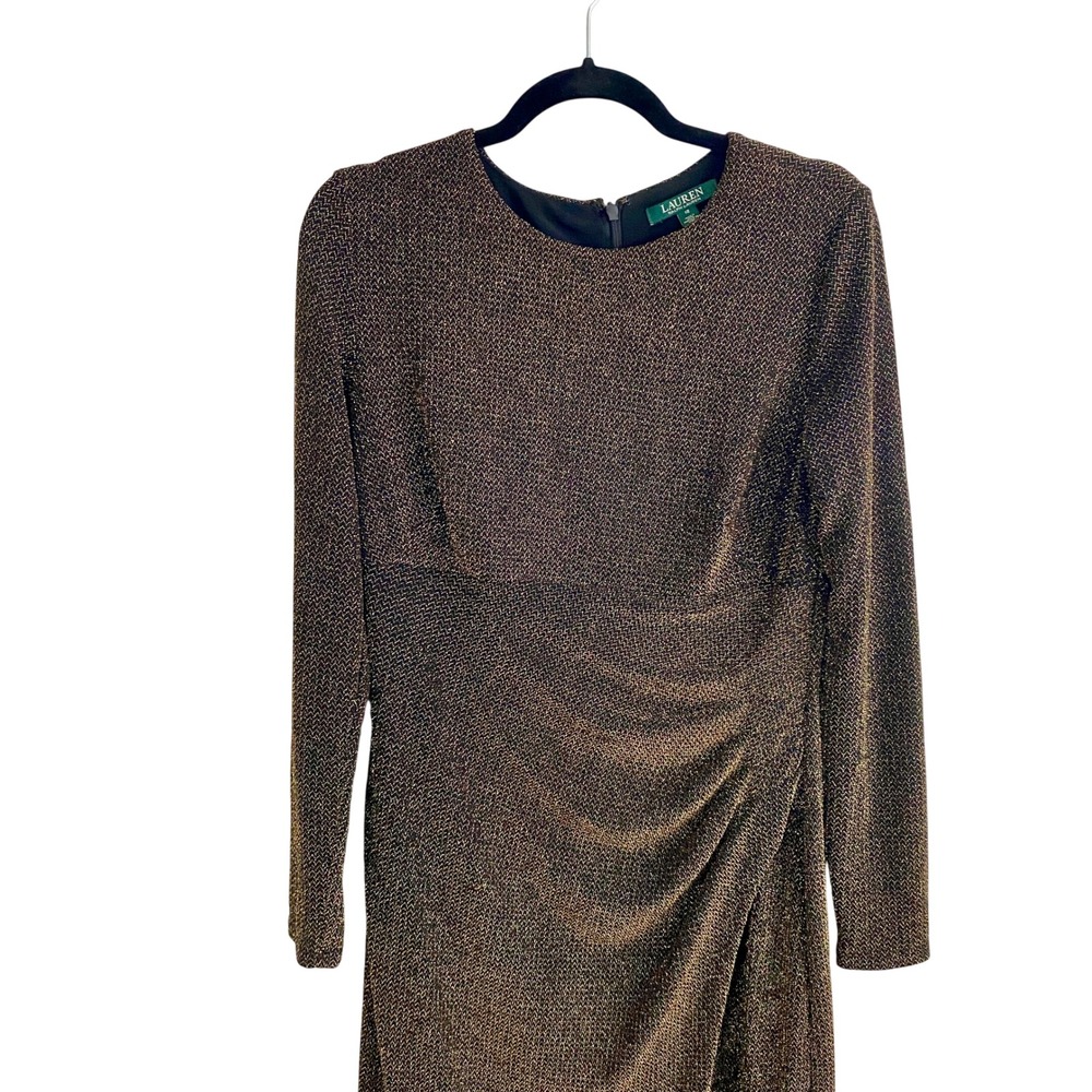 Lauren Ralph Lauren Metallic Gold Black Knit  Gown Ruched Maxi Dress 12‎ - Picture 2 of 8